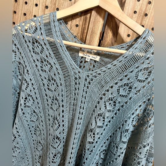 Indigo Soul Crochet Knit Sweater Cover Up with Side Gather Tassels Poncho - Picture 3 of 6